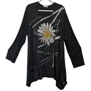 Jess & Jane, Giant Sunflower, Marled Black, Rayon Blend Lagenlook Tunic, Size 2X